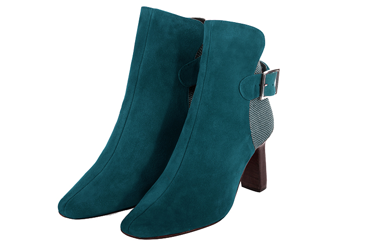 Women's peacock blue elegant ankle boots, with buckles at the back. Square toe. High kitten heels - Front view